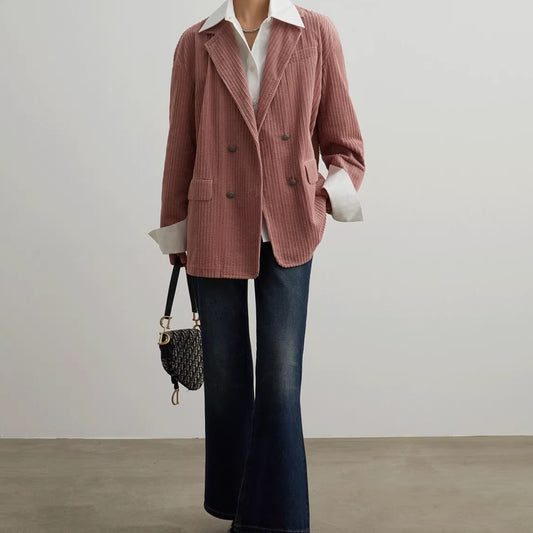 Blazer de Pana Doble Botonadura Oversized Estilo Coreano
