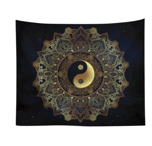 Black and white Yin Yang Mandala tapestry featuring 'The Moon' tarot card design with wolves, stars, and zodiac symbols.