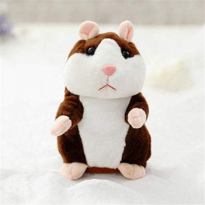 Brown and white plush talking hamster toy with pink nose and ears, standing upright on a white surface. - Image 9