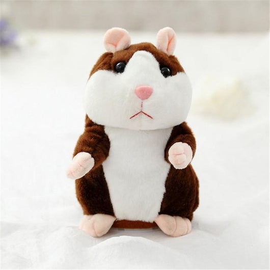 Brown and white plush talking hamster toy with pink nose and ears, standing upright on a white surface. - Image 9