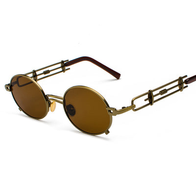 Black individual steampunk sunglasses with round clear lenses and unique metal frames on a white background. - Image 10