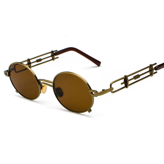 Black individual steampunk sunglasses with round clear lenses and unique metal frames on a white background. - Image 10