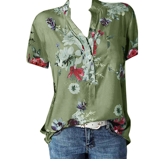 Blusa Estampada de Flores con Cuello en V y Manga Corta - Image 5