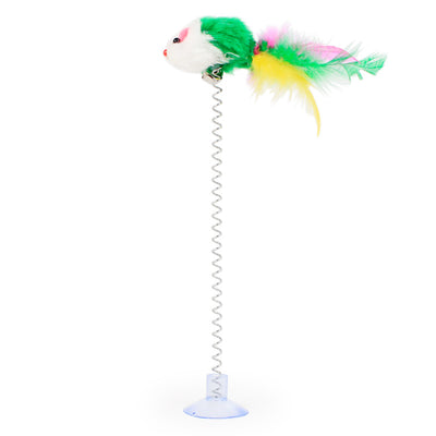Colorful plush mouse cat toys with feathers, bells, and suction cup springs, designed for interactive play. - Image 5