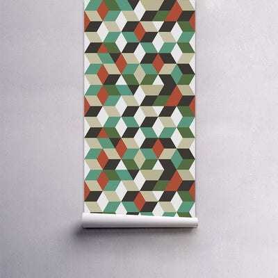 Waterproof self-adhesive wall sticker with a geometric 3D cube pattern in green, teal, orange, black, and white. - Image 5