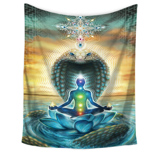 Vibrant lotus meditating tapestry with a figure in a yoga pose, chakras, and a cobra, in blue, green, orange, and yellow. - Image 2