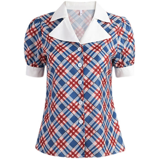 Camisa Suelta de Manga Corta con Cuello Solapa y Contraste de Cuadros Diamante - Image 6