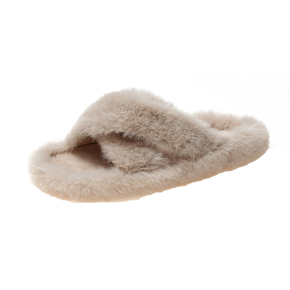 Pantuflas Cruzadas de Pelo de Conejo Suave para Mujer