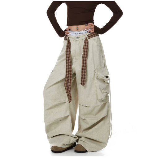 Pantalones Rectos Anchos a Cuadros con Cinturón y Detalles Desgastados - Image 2