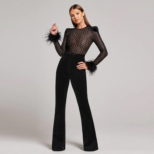 Jumpsuit Elegante para Mujer con Encaje, Plumas y Lentejuelas