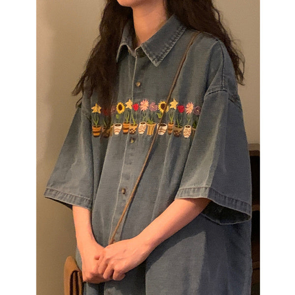 Camisa Vintage Bordada Desgastada Manga Corta