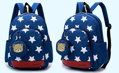 Blue kids' backpack with white stars, front pocket, side pockets, and a detachable bear coin purse. - Image 4