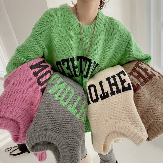 Suéter Tejido Holgado con Estampado de Letras y Cuello Redondo en Colores Pastel - Image 11