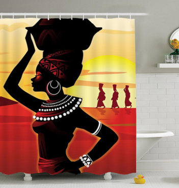 Shower curtain with an illustration of an African woman carrying a pot on her head against a sunset background.