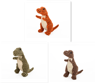 Brown textured corn velvet dinosaur plush toy with beige belly and black eyes, designed for dogs. - Image 9