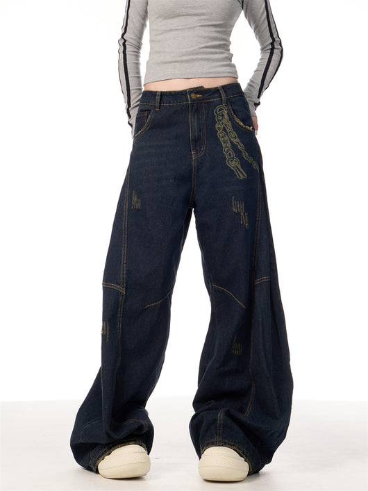 Overol Denim Retro Patchwork de Pierna Ancha para Mujer - Image 7