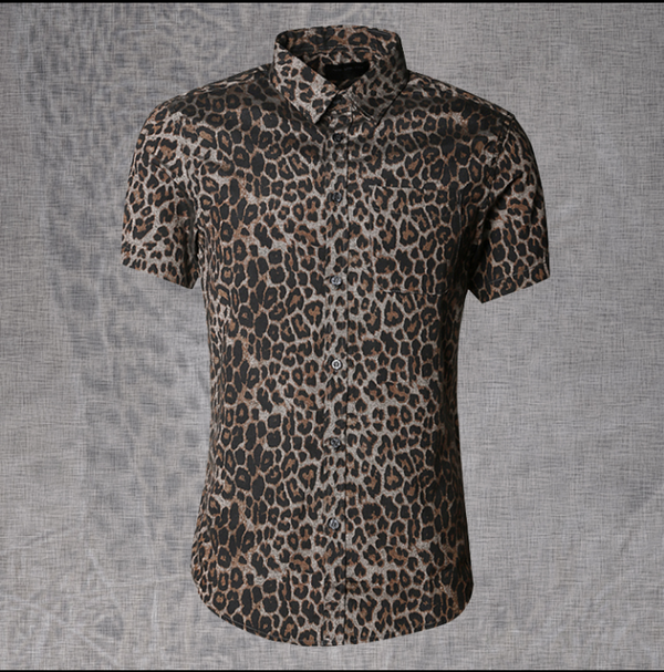 Camisa Casual Estampado Leopardo Slim Fit Manga Corta para Hombre