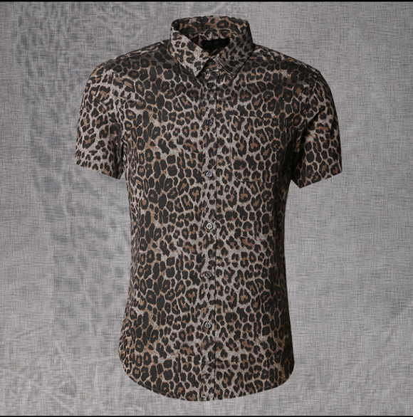 Camisa Casual Estampado Leopardo Slim Fit Manga Corta para Hombre