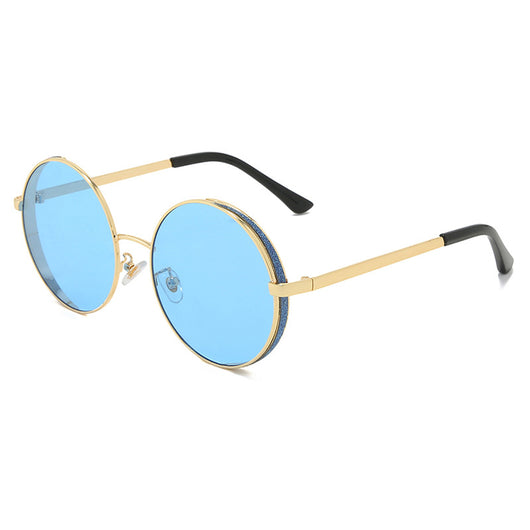 Round gold metal frame sunglasses with brown lenses and glitter detail on the outer rim, featuring dark red temple tips. - Image 8