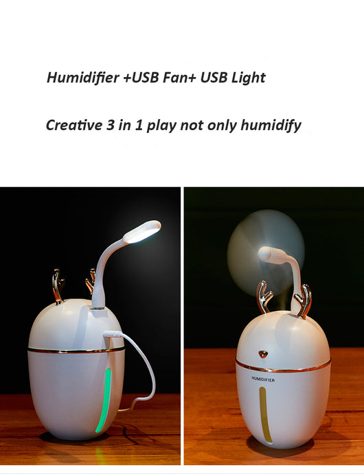 Pink deer-shaped ultrasonic humidifier with gold antlers, a white USB fan, and a white USB light. - Image 3