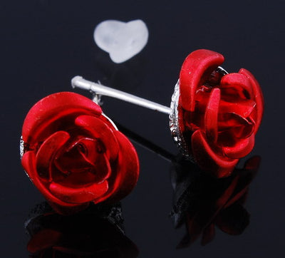 Red rose alloy necklace and stud earrings set with silver-tone chain and clear accents, displayed on a black bust. - Image 3
