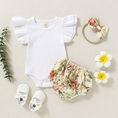 Conjunto de Verano para Bebé: Romper Floral con Shorts y Diadema - Image 3