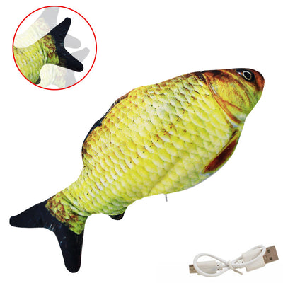 Realistic plush fish cat toy with yellow and brown scales, black fins, and a white USB charging cable. - Image 5