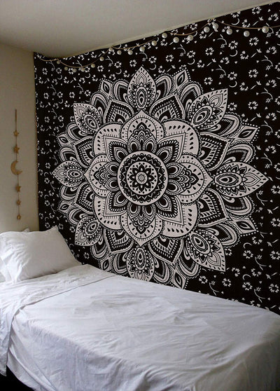 Navy blue tapestry with a large gold mandala pattern and smaller gold floral designs, made of polyester. - Image 21