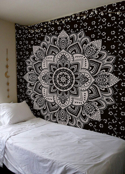 Navy blue tapestry with a large gold mandala pattern and smaller gold floral designs, made of polyester. - Image 21