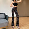 Pantalón Retro Cintura Alta con Estampado de Mariposas Europeo y Americano