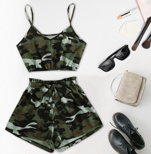 Conjunto de Dos Piezas Camuflado de Cintura Alta Sexy Estilo Europeo