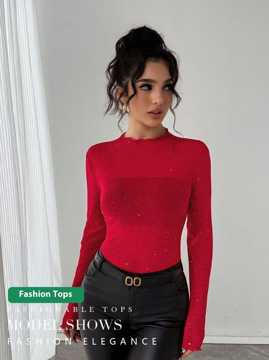 Blusa Brillante con Lentejuelas Ajustada de Manga Larga - Image 10