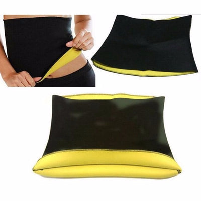 Black and yellow neoprene waist trainer shown on a person's midsection and as a flat garment. - Image 3