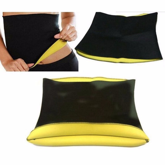 Black and yellow neoprene waist trainer shown on a person's midsection and as a flat garment. - Image 3
