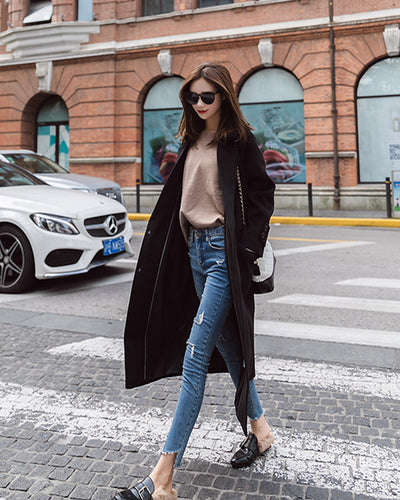 Abrigo de Lana Largo Estilo Coreano Harajuku Caramelo para Mujer - Image 4