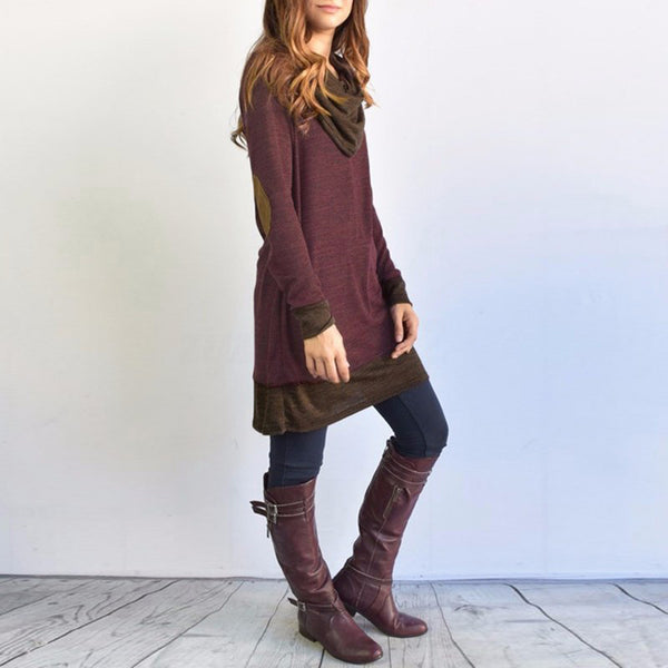 Blusa Casual de Manga Larga con Parches en Codos y Cuello Cowl para Mujer