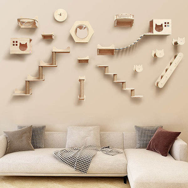 Árbol Rascador Mural para Gatos - Plataforma de Madera Sólida con Escalera