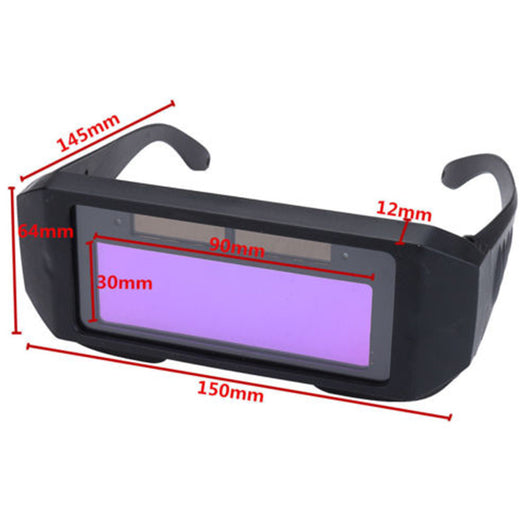 Black automatic dimming welding glasses with a purple auto-darkening lens and an adjustable elastic strap. - Image 3