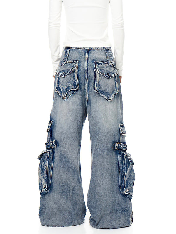 Pantalón de Trabajo Denim Retro con Múltiples Bolsillos