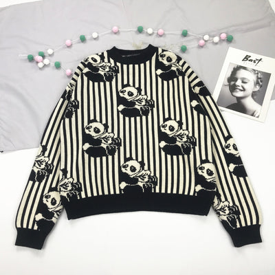 Sudadera Gruesa con Ilustración de Panda a Rayas Blanco y Negro - Image 5