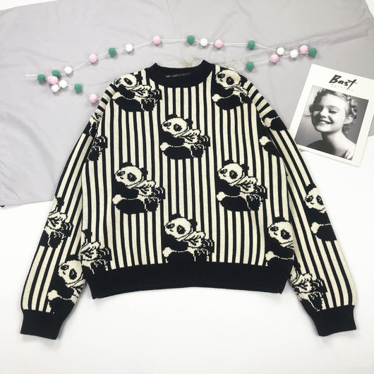 Sudadera Gruesa con Ilustración de Panda a Rayas Blanco y Negro - Image 5
