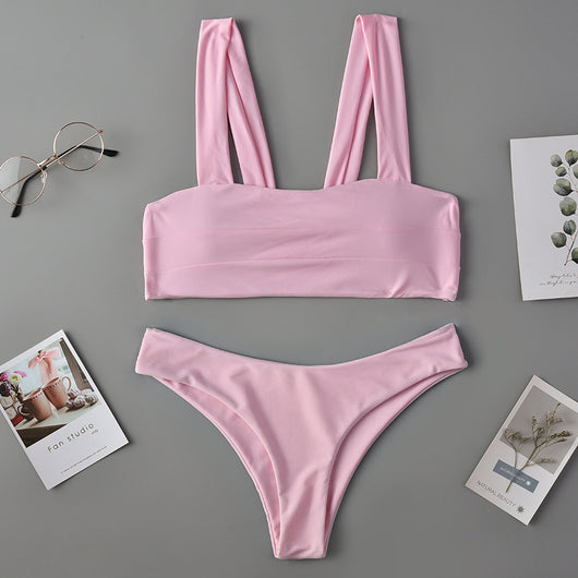 Dark green two-piece swimsuit with a bandeau top featuring horizontal ruching and high-cut bikini bottoms. - Image 6