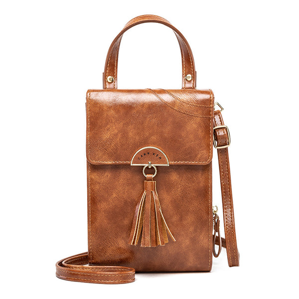 Bolso Bandolera de Cuero Encerado Estilo Coreano con Borlas para Mujer