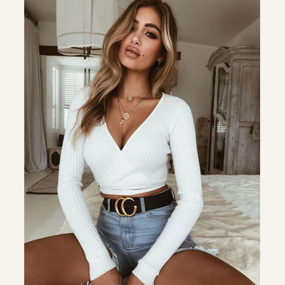 Blusa Crop Top Manga Larga Cuello V Ajustada para Mujer - Cómoda y Elegante - Image 11