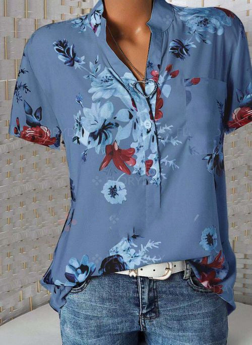 Blusa Estampada de Flores con Cuello en V y Manga Corta - Image 11