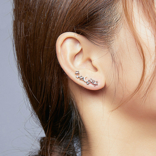 Aretes de Plata con Estrella y Luna - Circonitas Incrustadas Diseño Minimalista