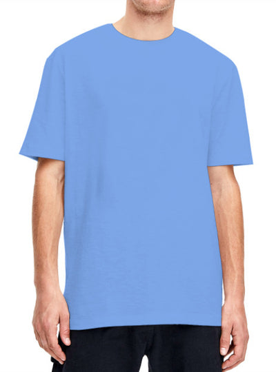 Plain light beige short-sleeved crew neck t-shirt made of cotton, shown on a model. - Image 34