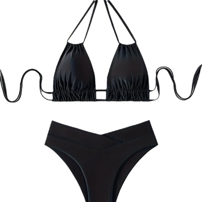Women's black deep V push-up bikini with lace-up back and high-waisted bottom, laid flat on white marble. - Image 5
