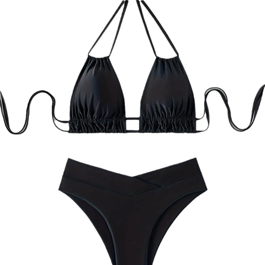 Women's black deep V push-up bikini with lace-up back and high-waisted bottom, laid flat on white marble. - Image 5