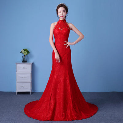 Vestido de Novia Rojo Talla Grande con Cola Sirena y Escote Halter - Image 2